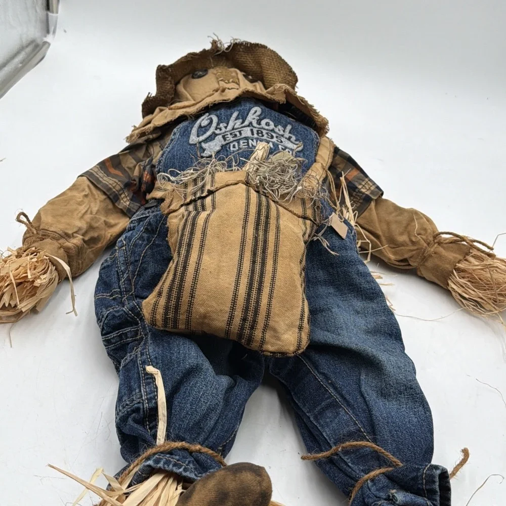 Vintage Primitive Handmade Grungy Scarecrow Doll Folk Art Fall Oshkosh Overalls
